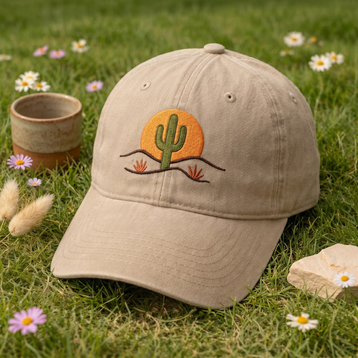 Desert Cactus Sunset Southwest Scene Embroidered Hat — Baseball Cap