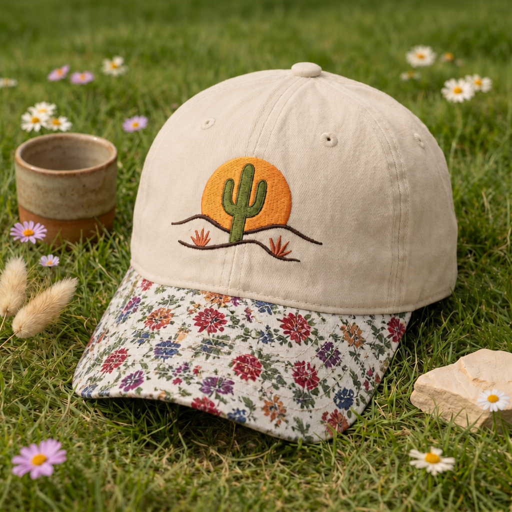 Desert Cactus Sunset Southwest Scene Embroidered Floral & Leopard Brim Hat