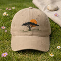 African Savanna Acacia Tree Sunset Birds Landscape Embroidered Hat — Washed Hat