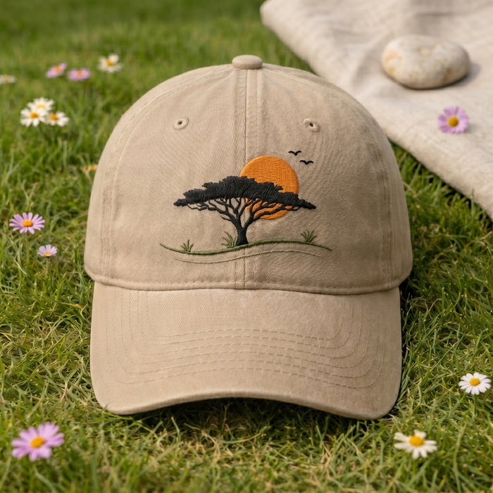 African Savanna Acacia Tree Sunset Birds Landscape Embroidered Hat