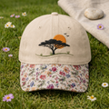 African Savanna Acacia Tree Sunset Birds Landscape Embroidered Floral & Leopard Brim Hat