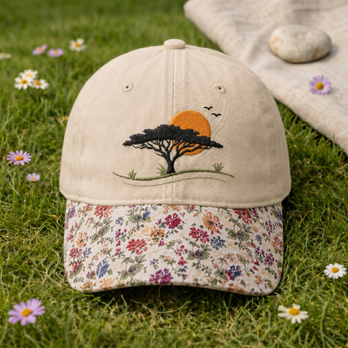 African Savanna Acacia Tree Sunset Birds Landscape Embroidered Floral & Leopard Brim Hat