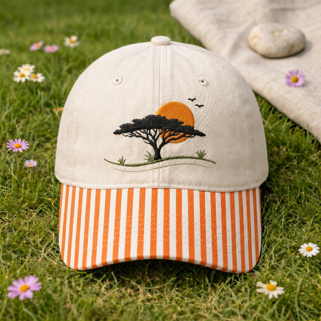African Savanna Acacia Tree Sunset Birds Landscape Embroidered Gingham & Stripe Brim Hat