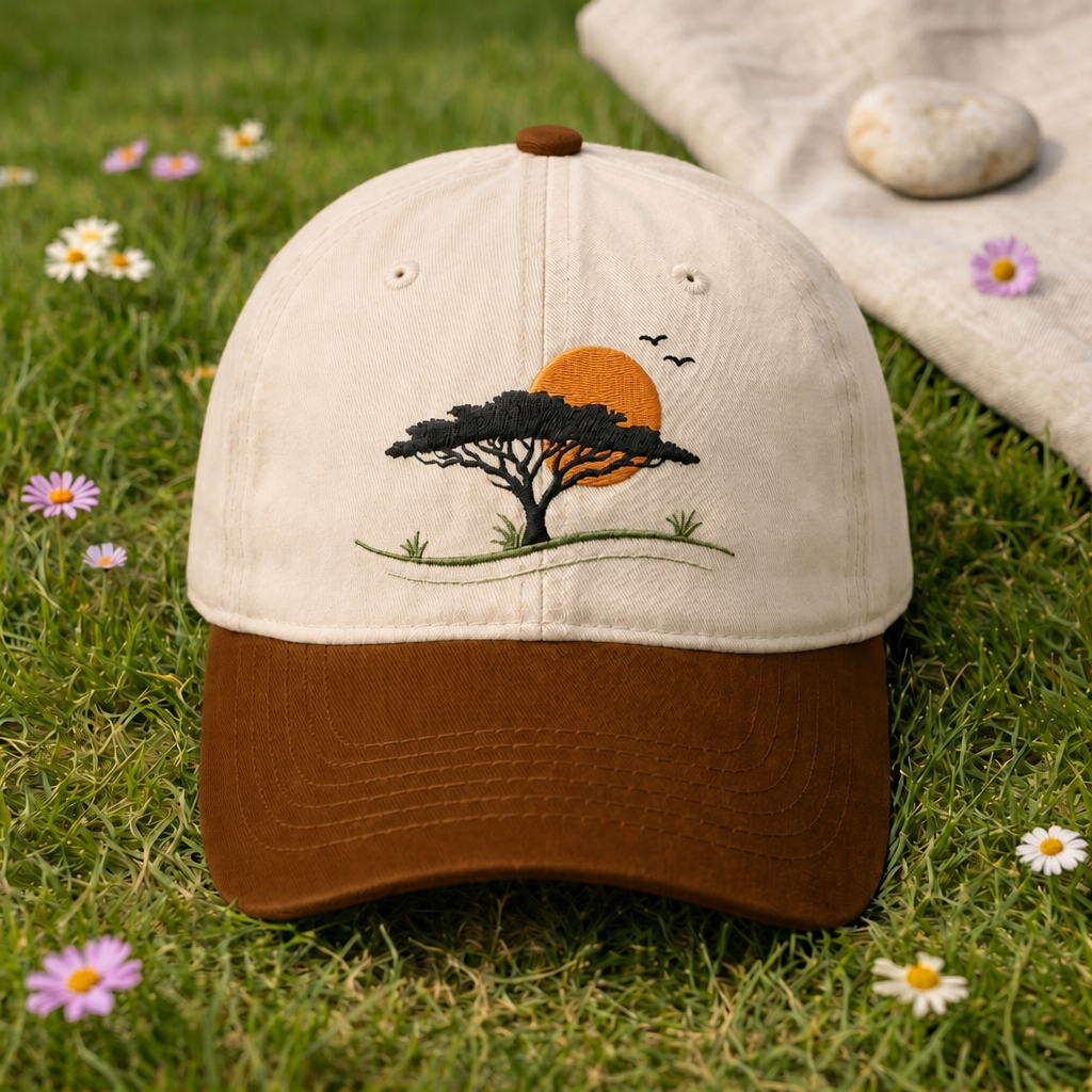 African Savanna Acacia Tree Sunset Birds Landscape Embroidered Two-Tone Hat