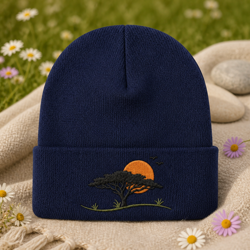 African Savanna Acacia Tree Sunset Birds Landscape Embroidered Beanie