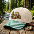 Personalized Otter Reading Book Forest Log Embroidered Gingham & Stripe Brim Hat