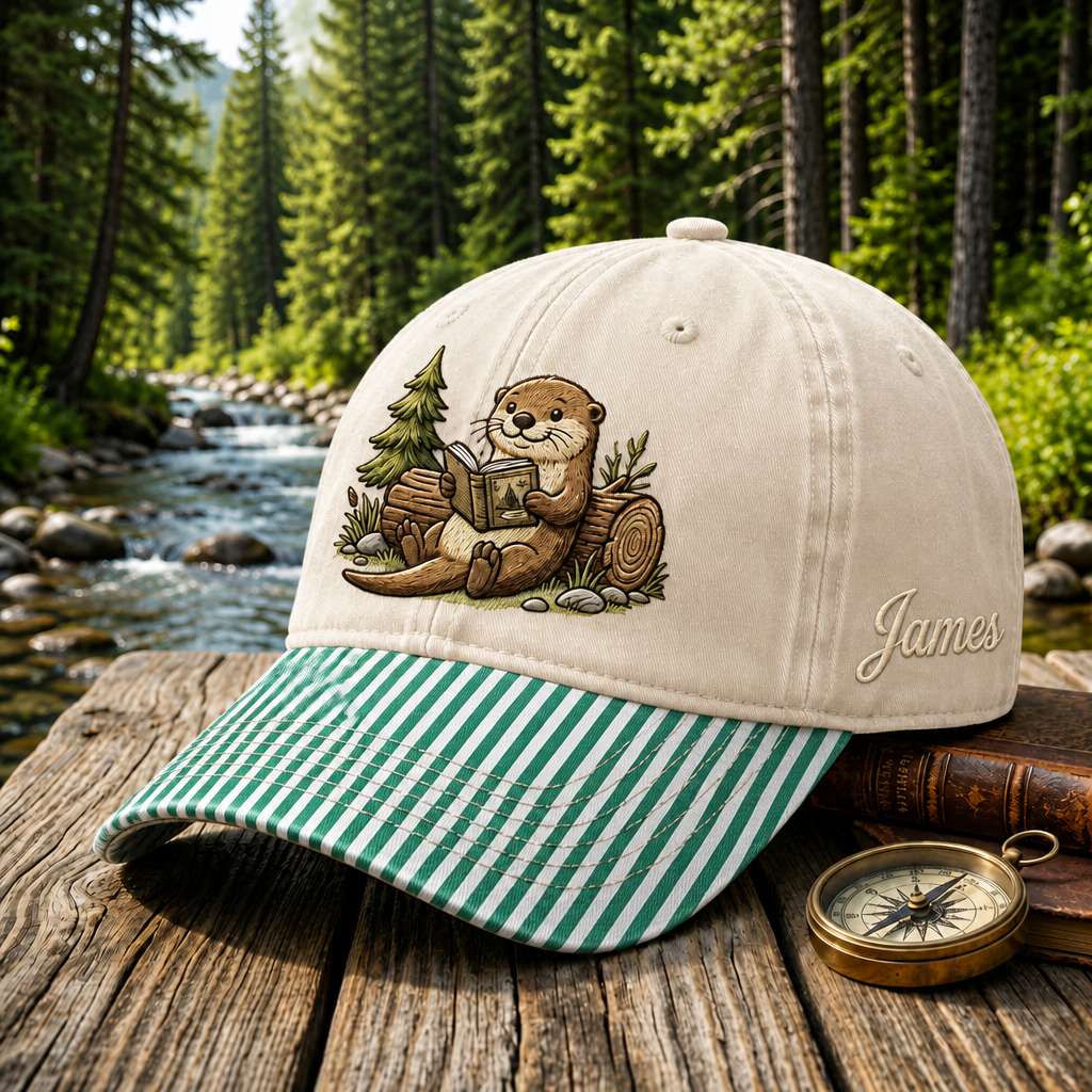 Personalized Otter Reading Book Forest Log Embroidered Gingham & Stripe Brim Hat