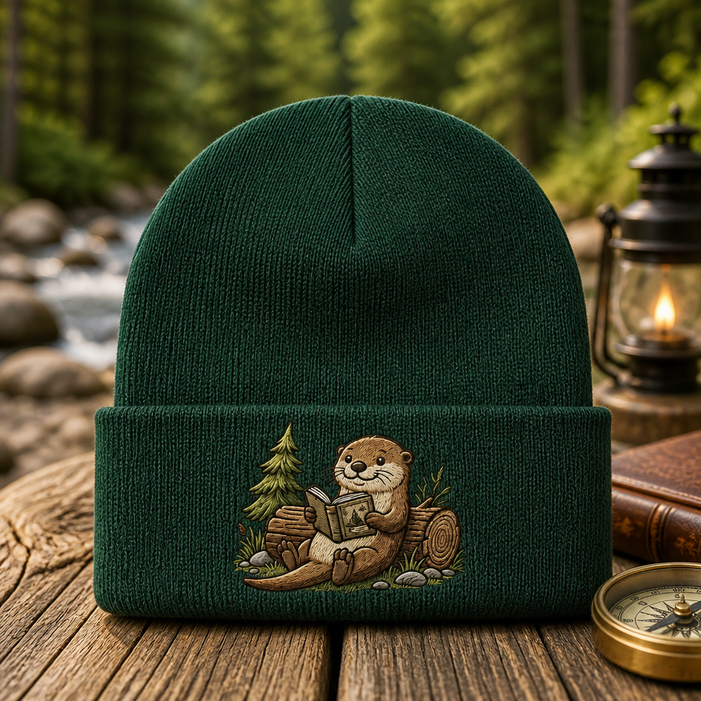 Personalized Otter Reading Book Forest Log Embroidered Beanie