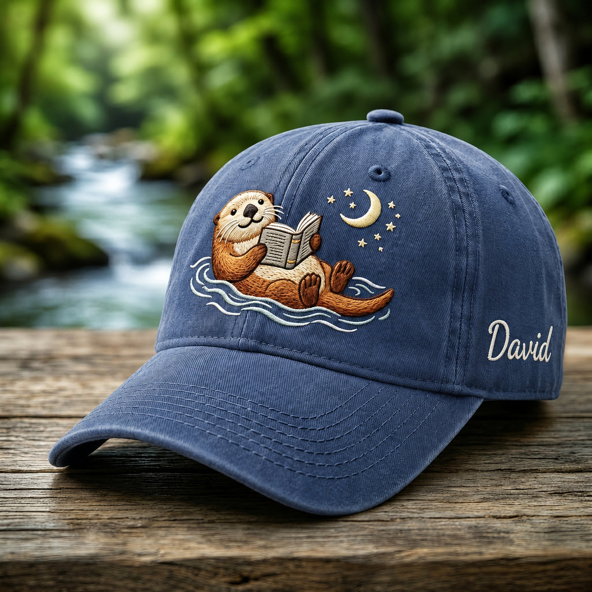 Personalized Otter Reading Book Floating Water Moon Stars Embroidered Hat — Washed Hat
