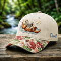 Personalized Otter Reading Book Floating Water Moon Stars Embroidered Floral & Leopard Brim Hat