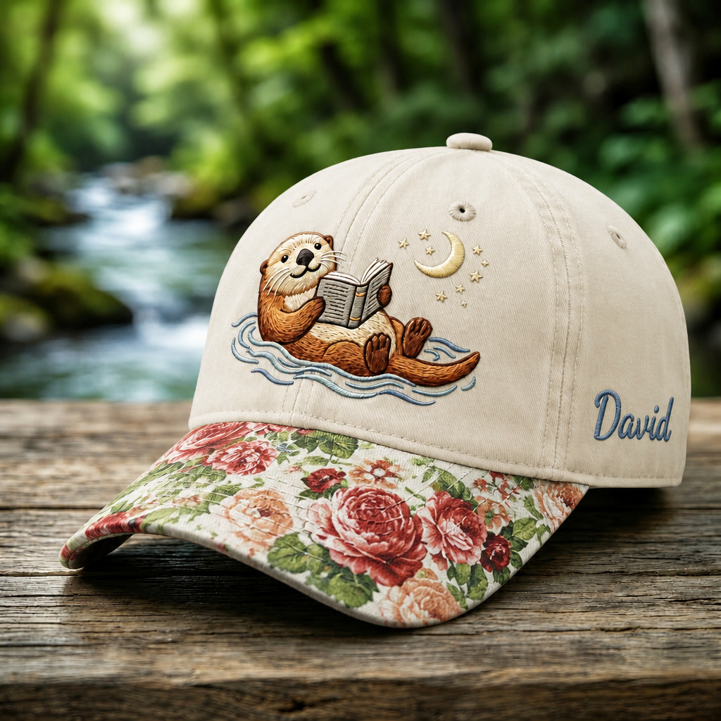 Personalized Otter Reading Book Floating Water Moon Stars Embroidered Floral & Leopard Brim Hat