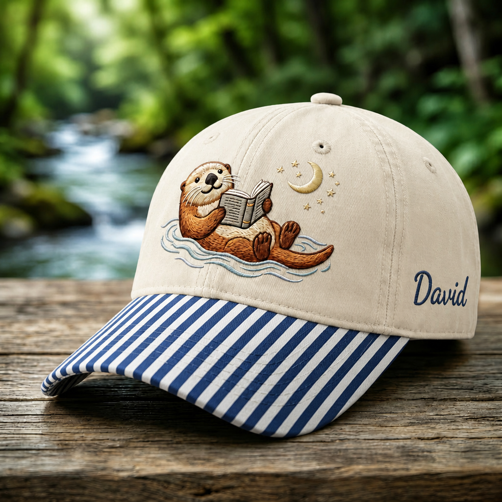 Personalized Otter Reading Book Floating Water Moon Stars Embroidered Gingham & Stripe Brim Hat