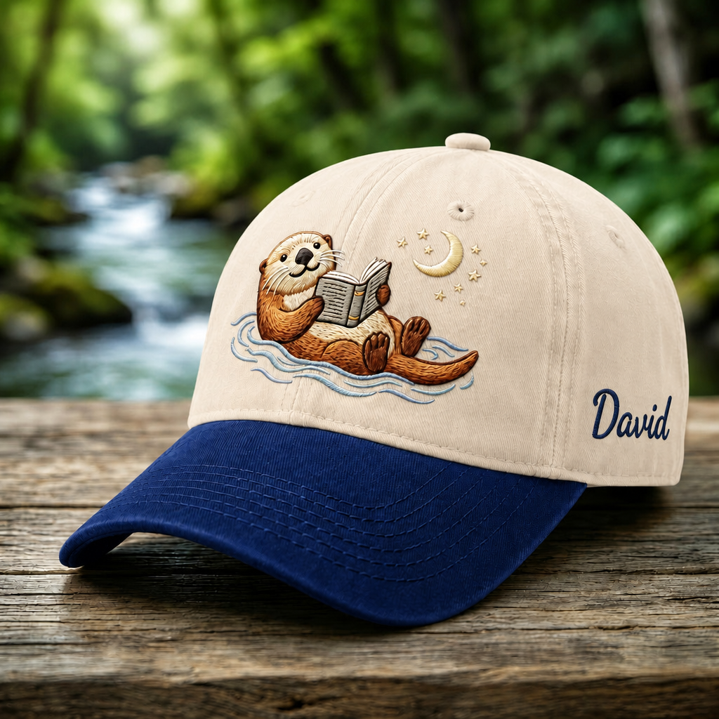 Personalized Otter Reading Book Floating Water Moon Stars Embroidered Two-Tone Hat
