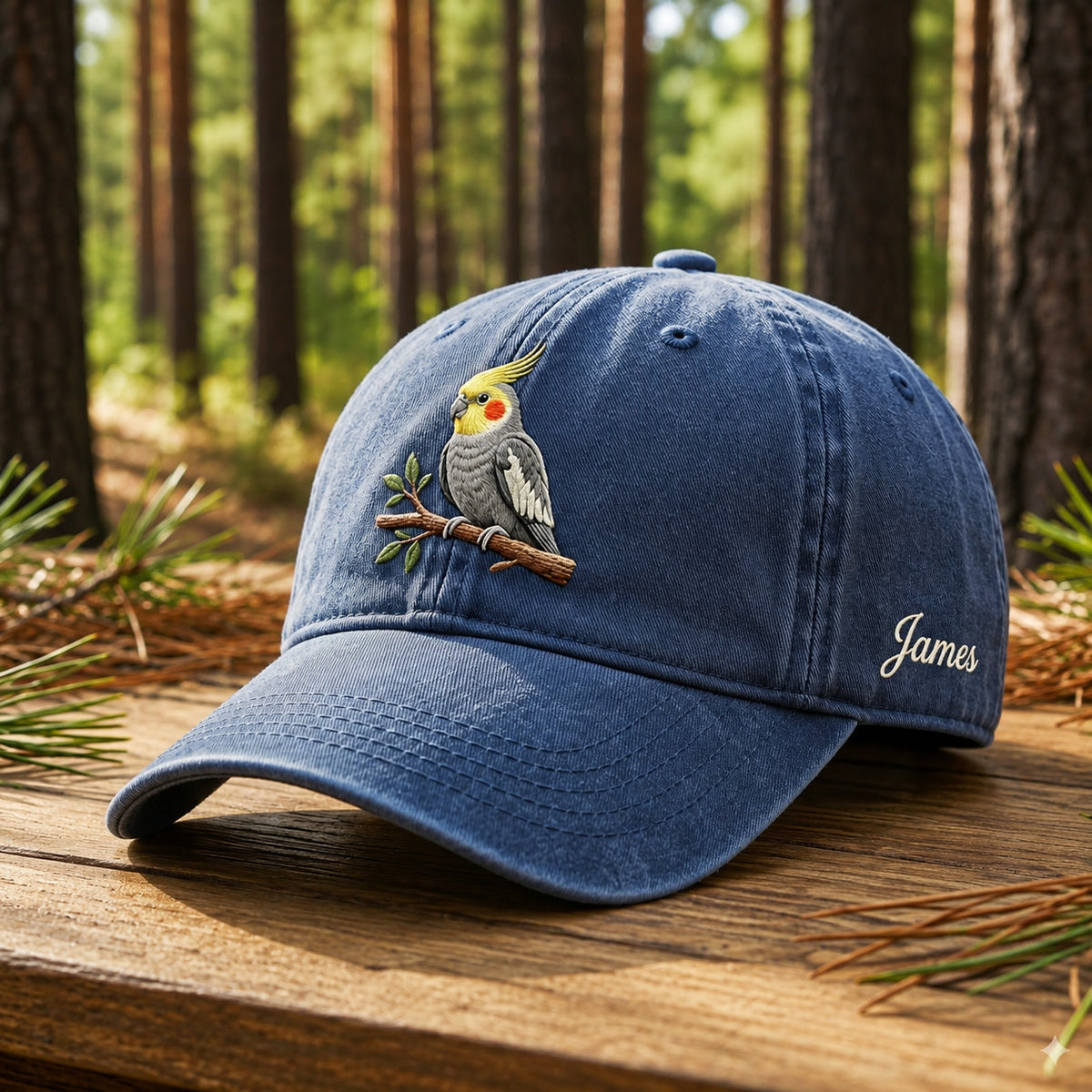 Personalized Cockatiel Bird On Branch Embroidered Hat — Washed Hat