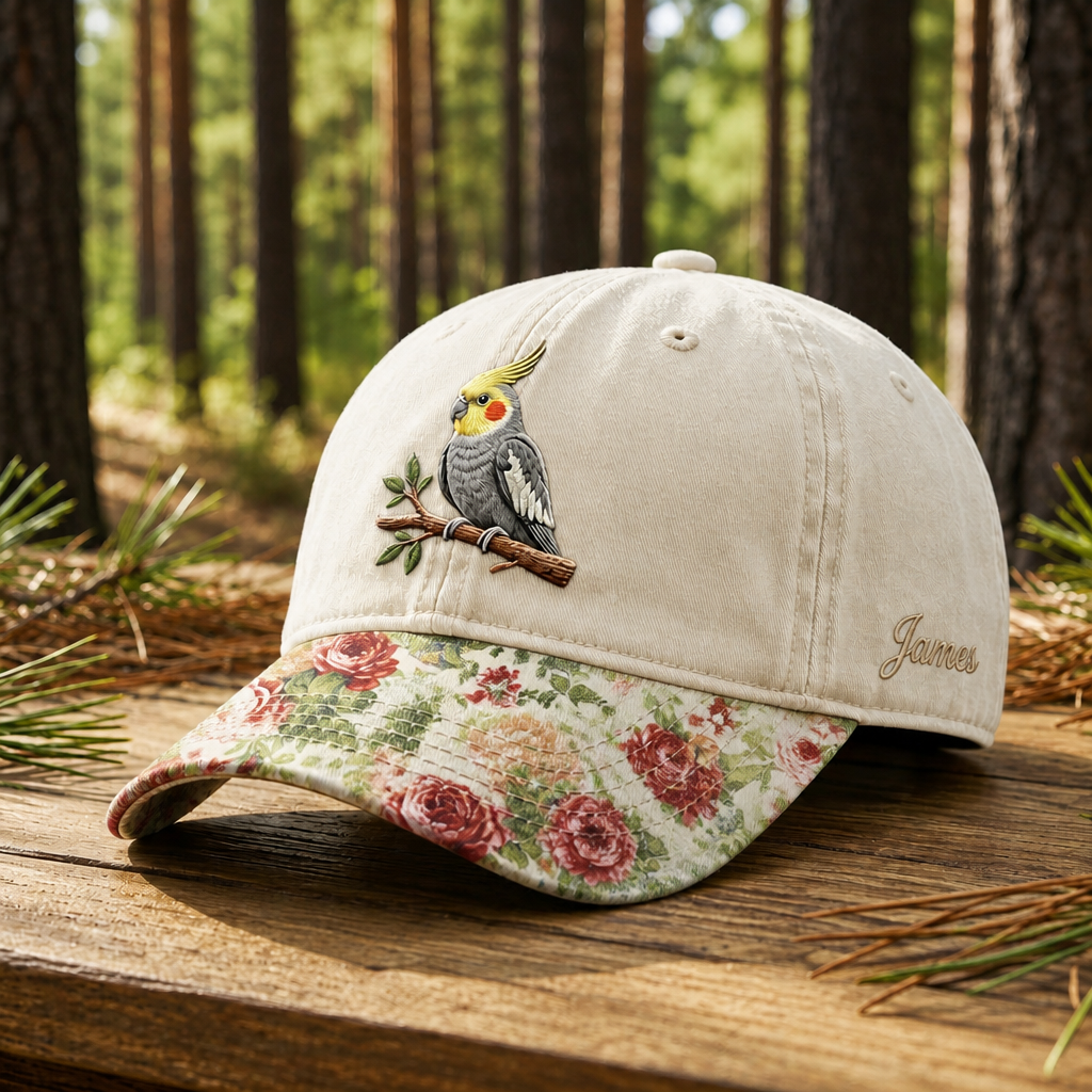 Personalized Cockatiel Bird On Branch Embroidered Floral & Leopard Brim Hat