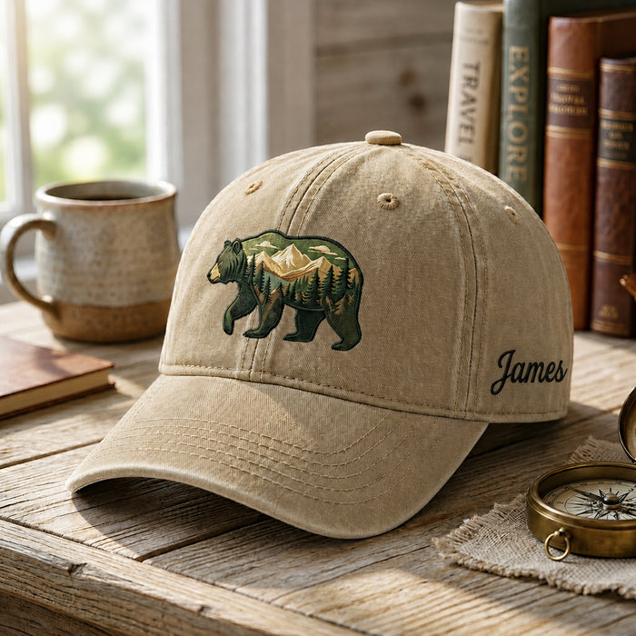 Personalized Bear Mountain Forest Wilderness Scene Embroidered Hat