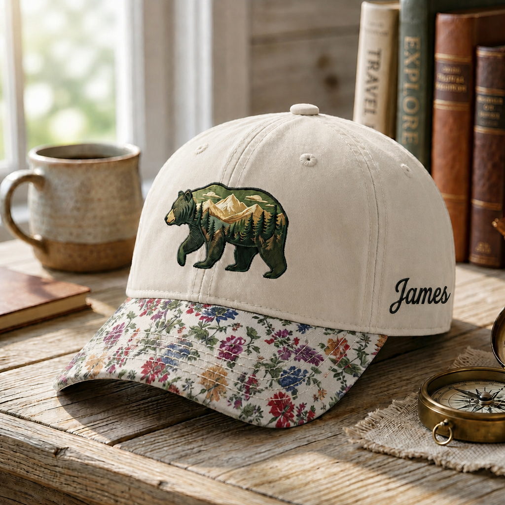 Personalized Bear Mountain Forest Wilderness Scene Embroidered Floral & Leopard Brim Hat