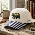 Personalized Bear Mountain Forest Wilderness Scene Embroidered Gingham & Stripe Brim Hat