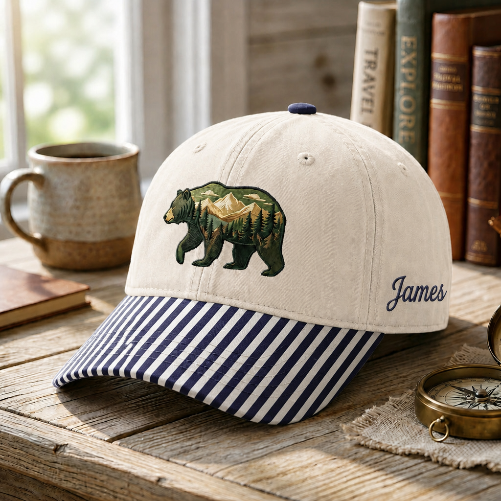 Personalized Bear Mountain Forest Wilderness Scene Embroidered Gingham & Stripe Brim Hat