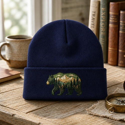 Personalized Bear Mountain Forest Wilderness Scene Embroidered Beanie