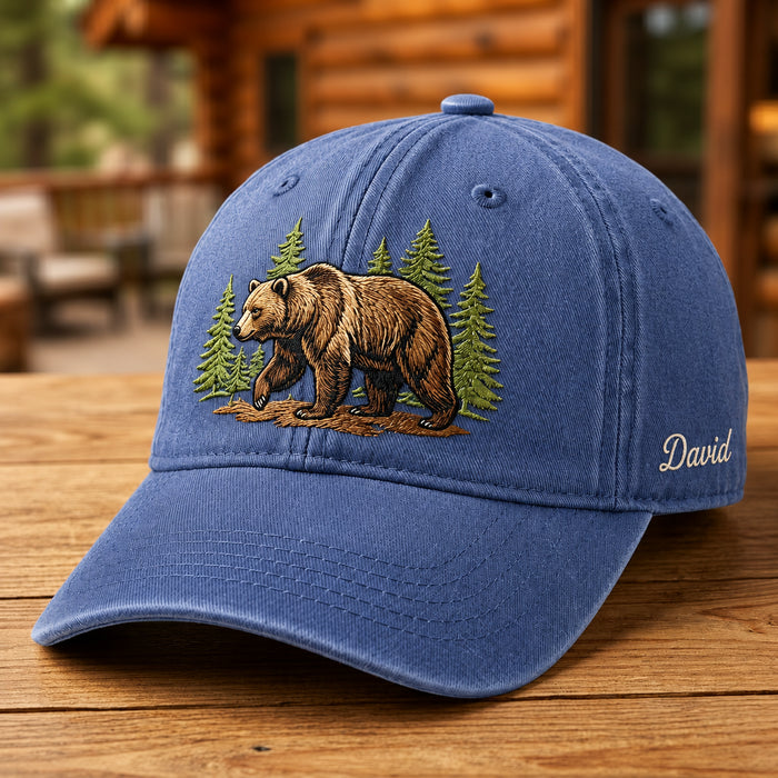 Personalized Grizzly Bear Pine Trees Forest Nature Embroidered Hat