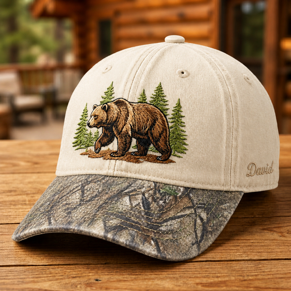 Personalized Grizzly Bear Pine Trees Forest Nature Embroidered Floral & Leopard Brim Hat