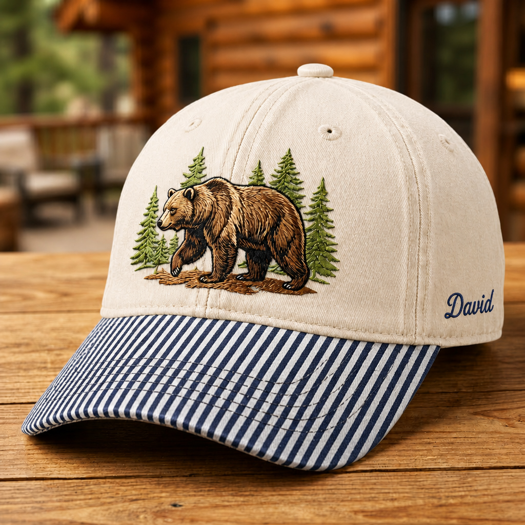 Personalized Grizzly Bear Pine Trees Forest Nature Embroidered Gingham & Stripe Brim Hat