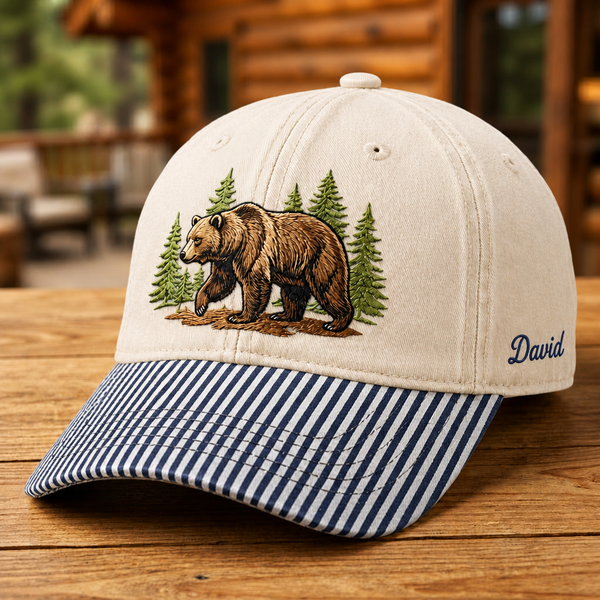 Personalized Grizzly Bear Pine Trees Forest Nature Embroidered Gingham & Stripe Brim Hat