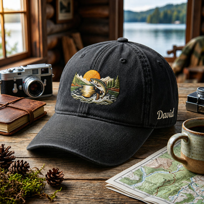 Personalized Fishing Trout Jumping Mountain Lake Sunset Scene Embroidered Hat