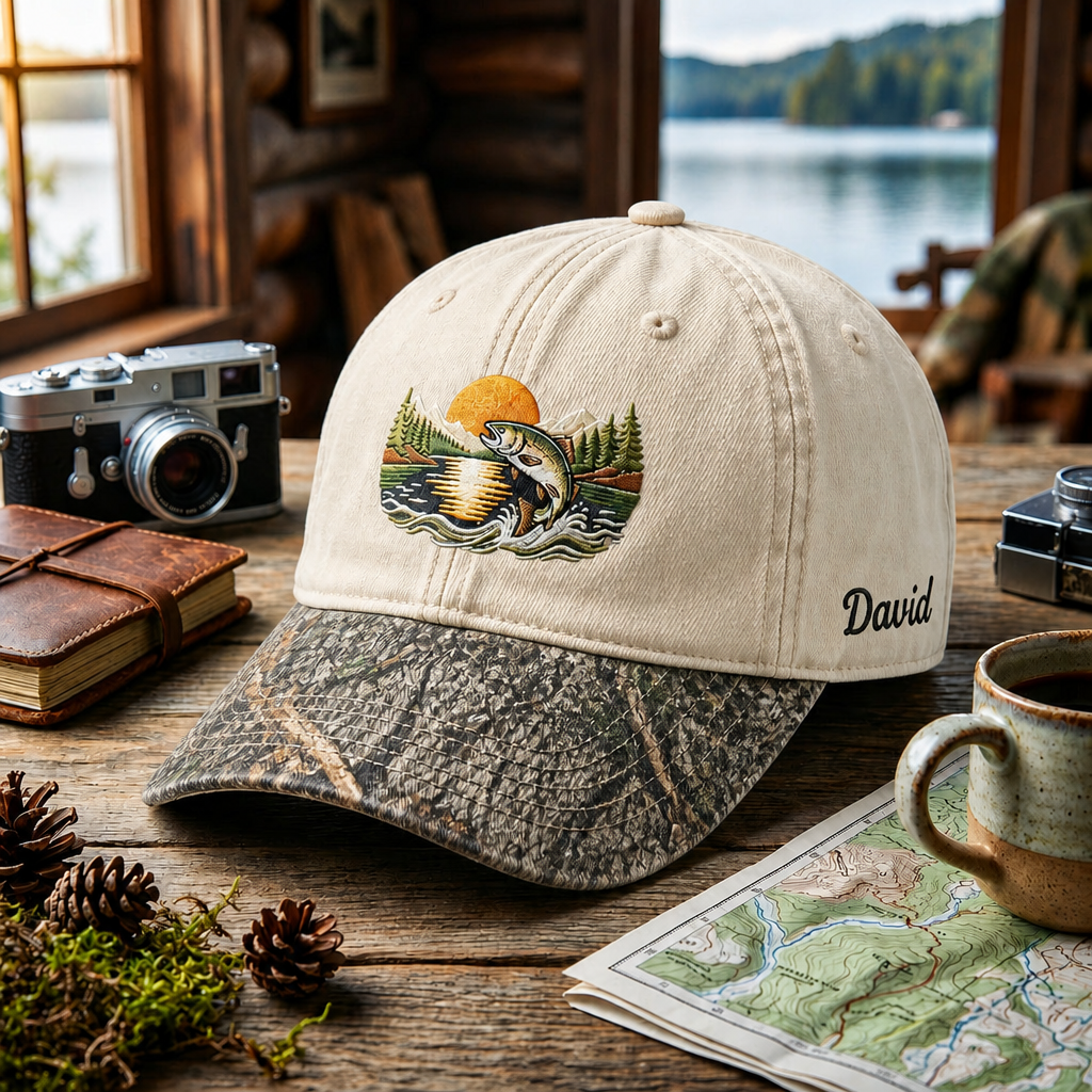 Personalized Fishing Trout Jumping Mountain Lake Sunset Scene Embroidered Floral & Leopard Brim Hat
