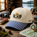 Personalized Fishing Trout Jumping Mountain Lake Sunset Scene Embroidered Gingham & Stripe Brim Hat