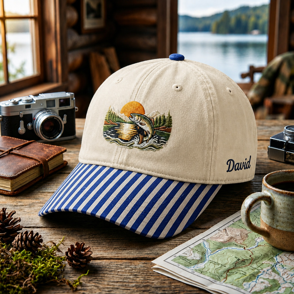 Personalized Fishing Trout Jumping Mountain Lake Sunset Scene Embroidered Gingham & Stripe Brim Hat