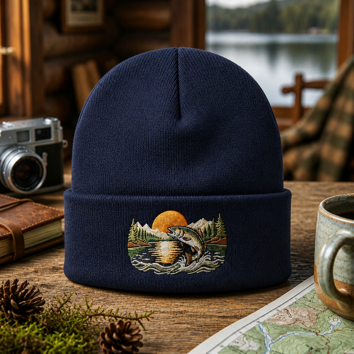 Personalized Fishing Trout Jumping Mountain Lake Sunset Scene Embroidered Beanie