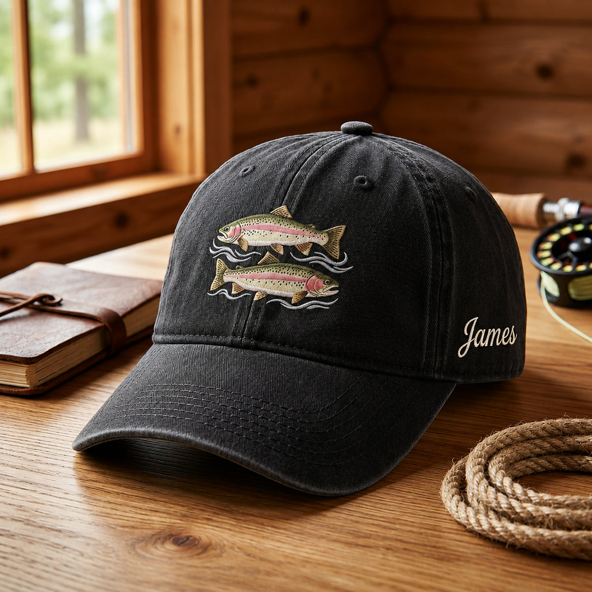 Personalized Rainbow Trout Duo Fly Fishing Waves Embroidered Hat — Washed Hat