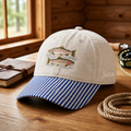 Personalized Rainbow Trout Duo Fly Fishing Waves Embroidered Gingham & Stripe Brim Hat
