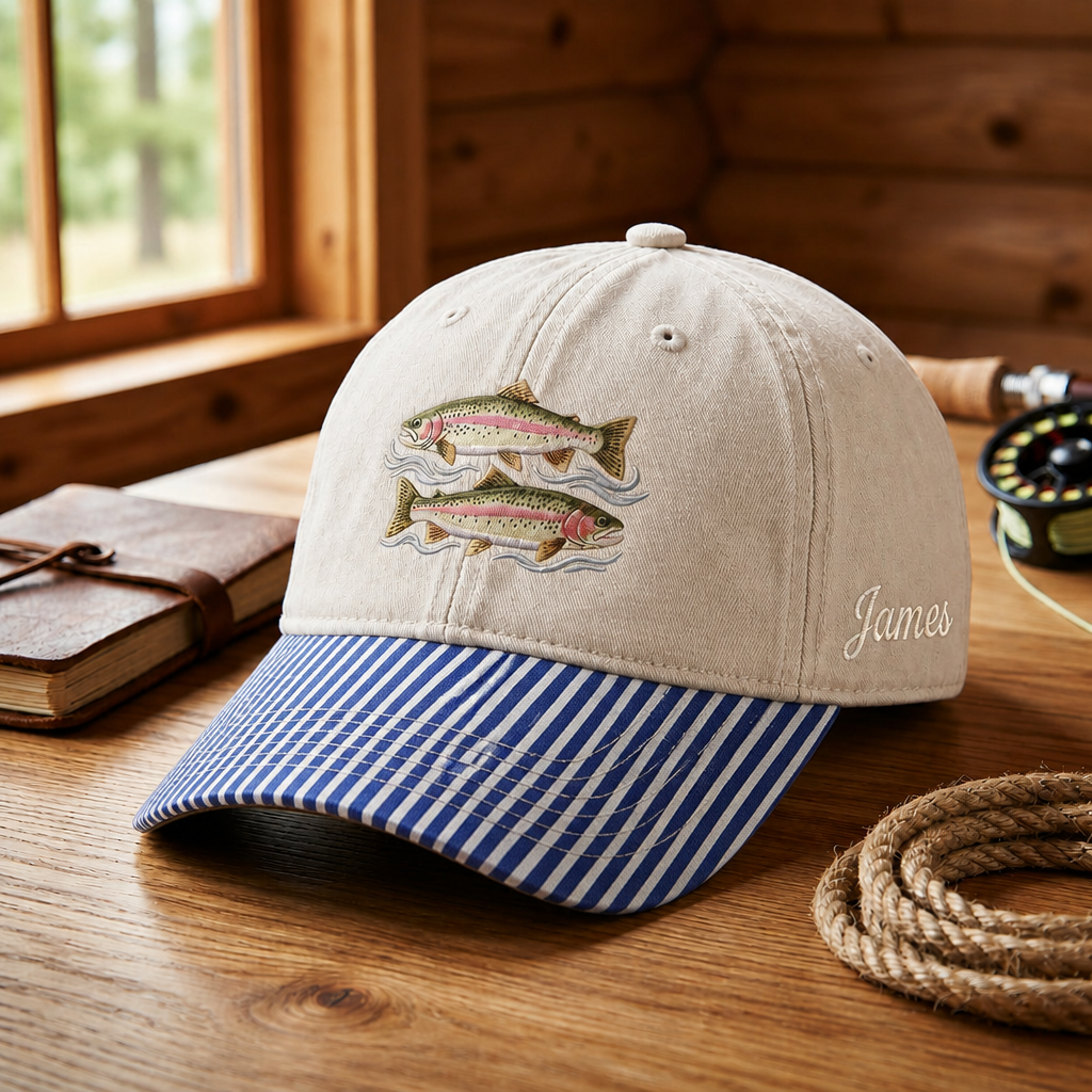 Personalized Rainbow Trout Duo Fly Fishing Waves Embroidered Gingham & Stripe Brim Hat