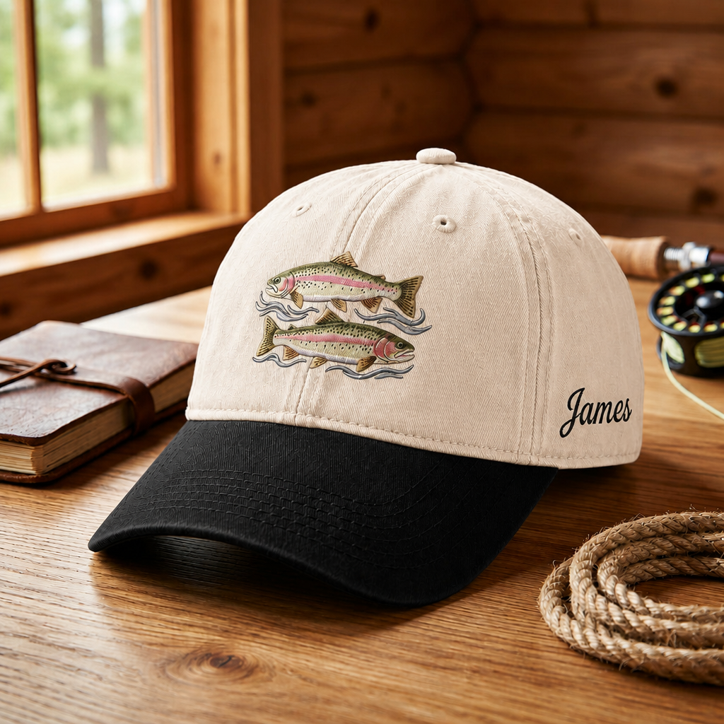 Personalized Rainbow Trout Duo Fly Fishing Waves Embroidered Two-Tone Hat