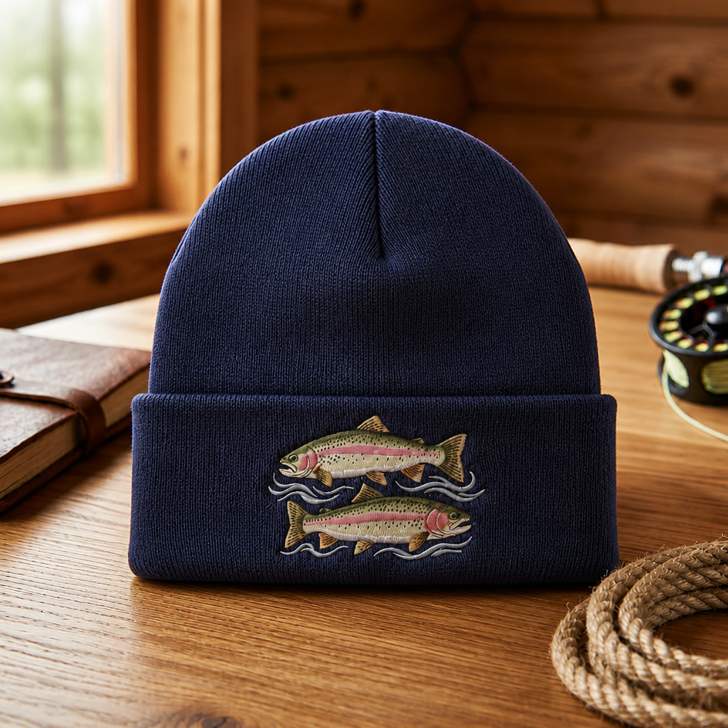 Personalized Rainbow Trout Duo Fly Fishing Waves Embroidered Beanie