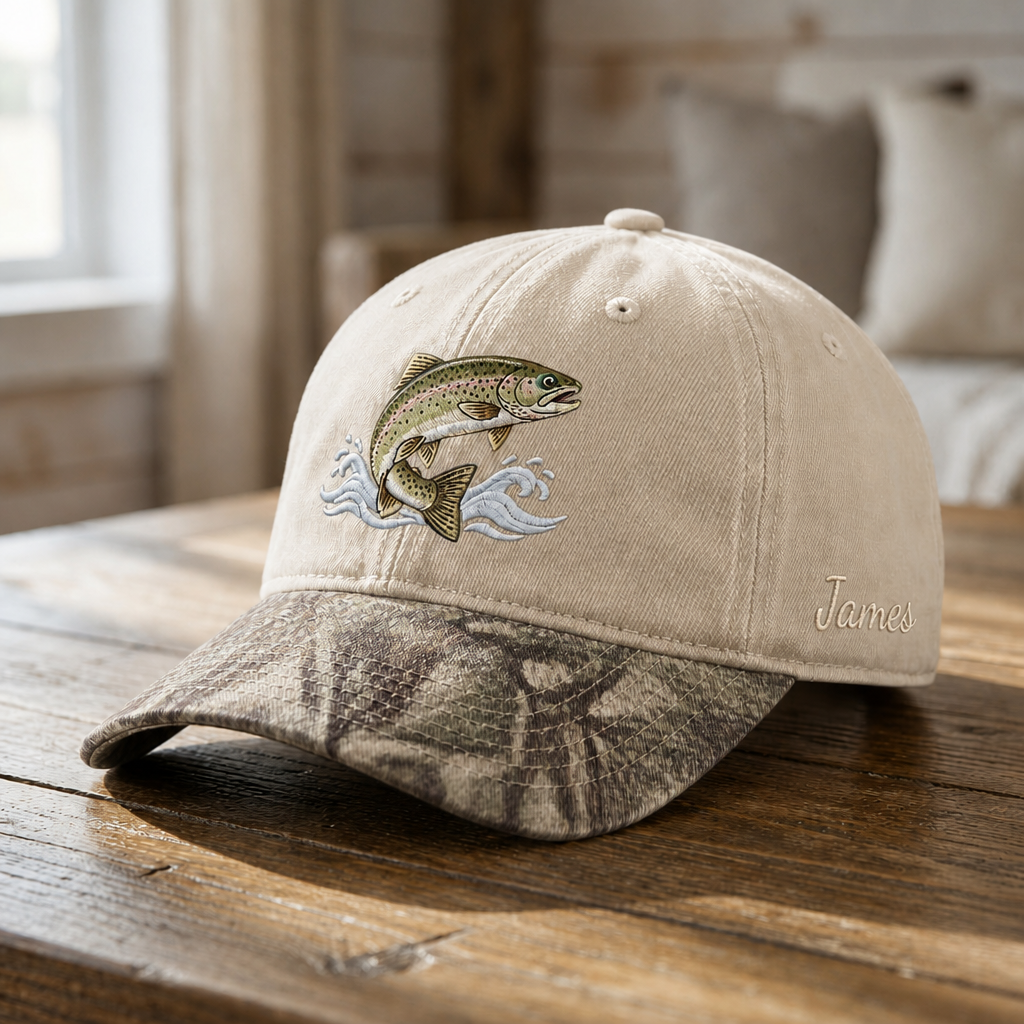 Personalized Rainbow Trout Jumping Waves Fishing Embroidered Floral & Leopard Brim Hat