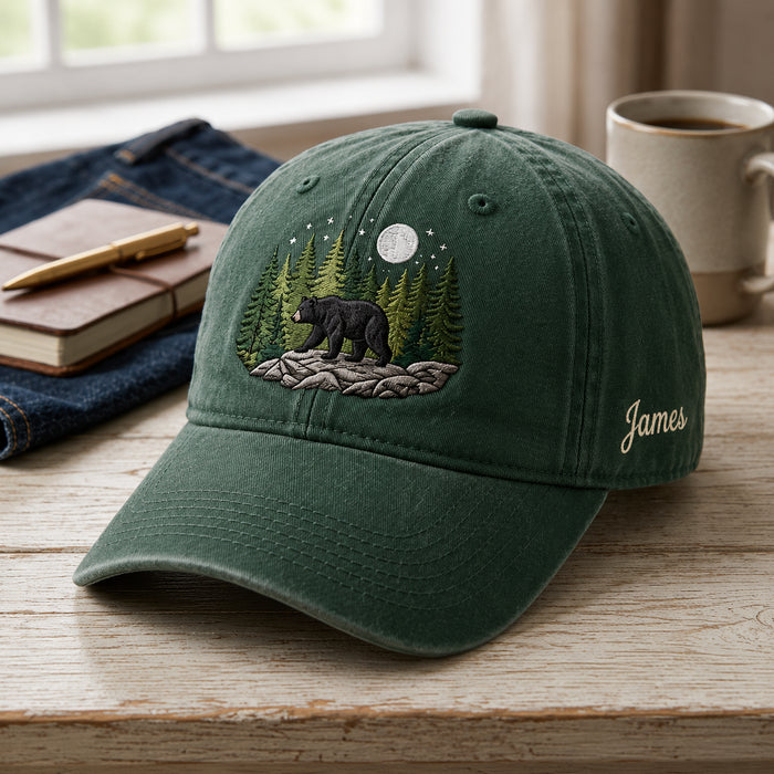 Personalized Black Bear Pine Forest Moon Night Scene Embroidered Hat