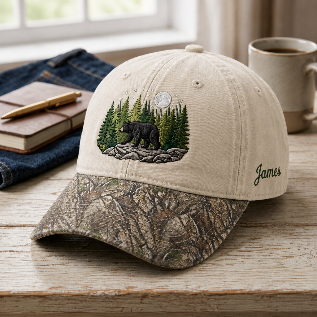 Personalized Black Bear Pine Forest Moon Night Scene Embroidered Floral & Leopard Brim Hat