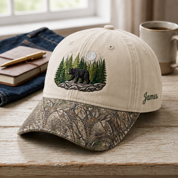 Personalized Black Bear Pine Forest Moon Night Scene Embroidered Floral & Leopard Brim Hat