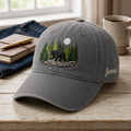 Personalized Black Bear Pine Forest Moon Night Scene Embroidered Hat