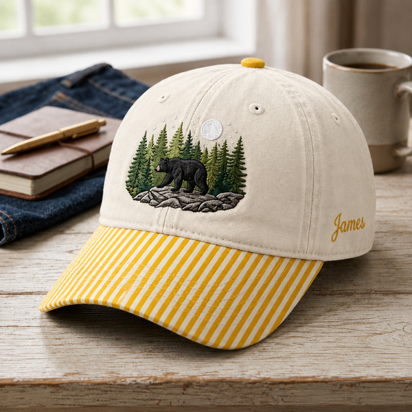 Personalized Black Bear Pine Forest Moon Night Scene Embroidered Gingham & Stripe Brim Hat