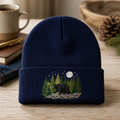 Personalized Black Bear Pine Forest Moon Night Scene Embroidered Beanie