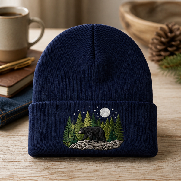 Personalized Black Bear Pine Forest Moon Night Scene Embroidered Beanie