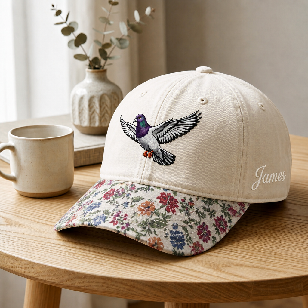 Personalized Pigeon Flying Wings Spread Custom Name Embroidered Floral & Leopard Brim Hat