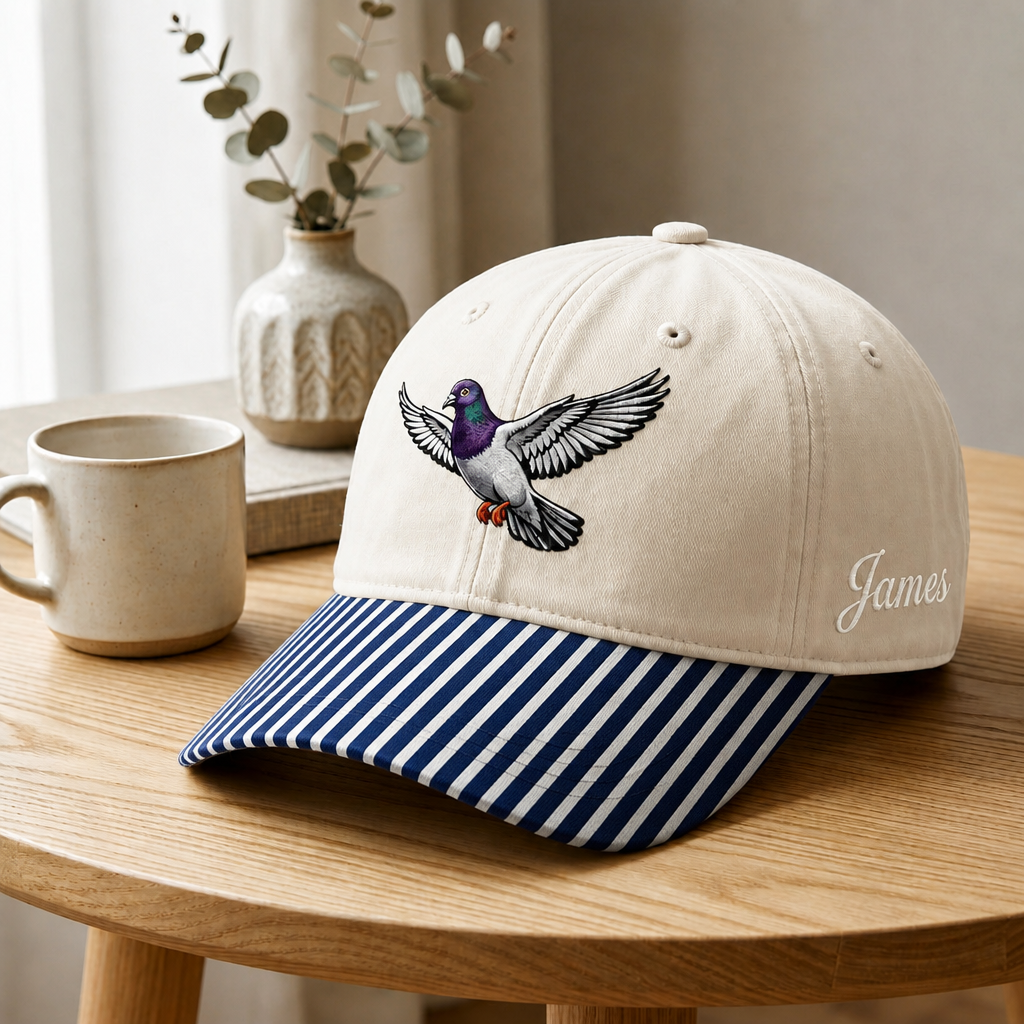 Personalized Pigeon Flying Wings Spread Custom Name Embroidered Gingham & Stripe Brim Hat