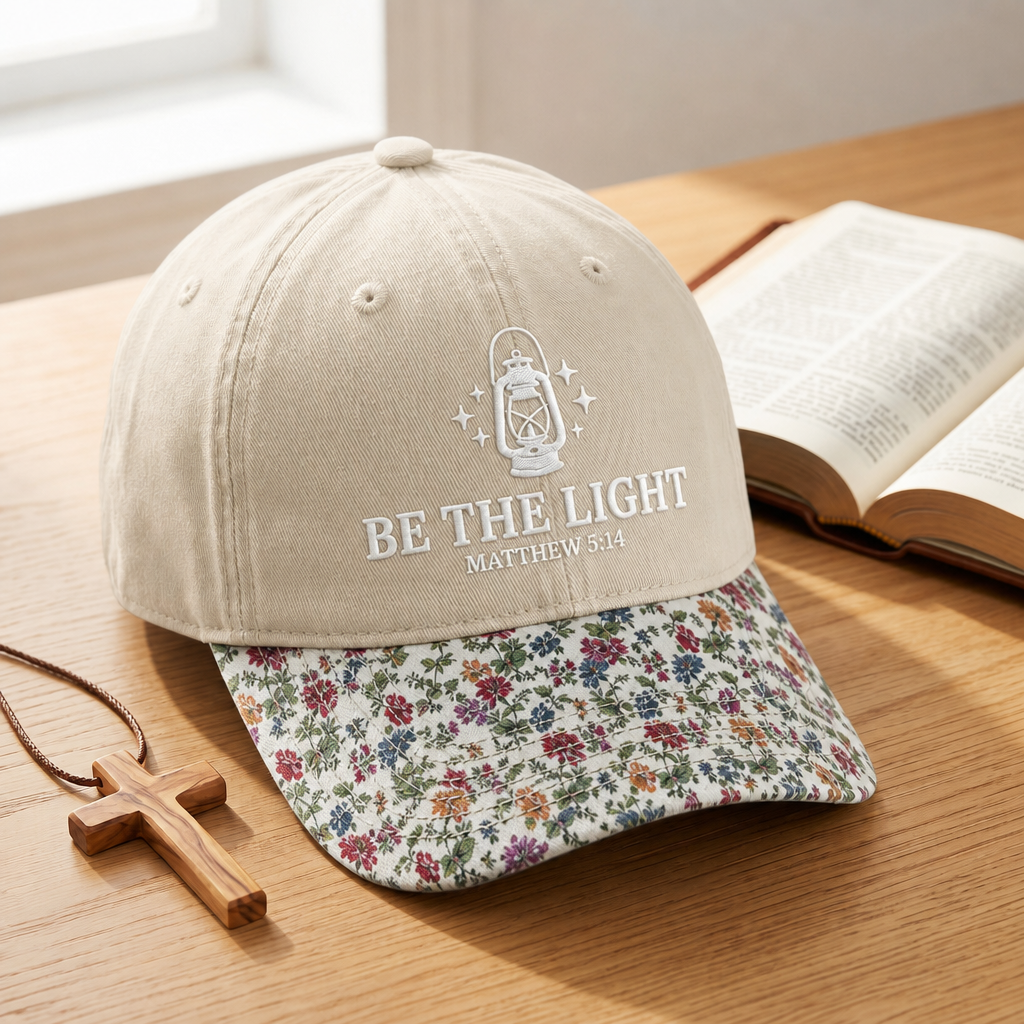Be The Light Matthew 5:14 Lantern Faith Christian Embroidered Floral & Leopard Brim Hat