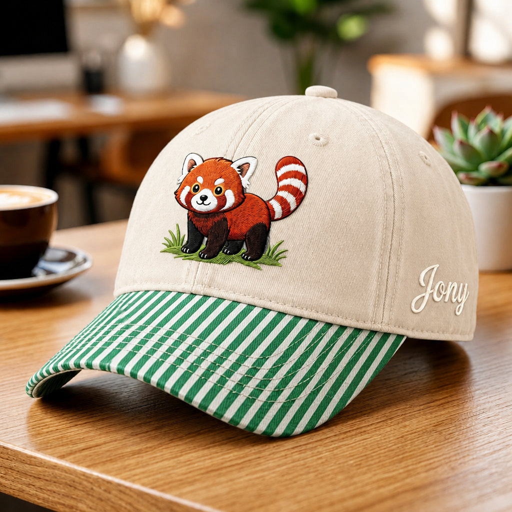 Personalized Red Panda Cute Cartoon Grass Embroidered Gingham & Stripe Brim Hat